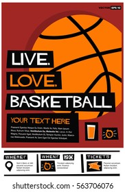 Live. Love. Basketball. (Flat Style Vector Illustration Sports Poster Design) Event Invitation with Venue and Time Details