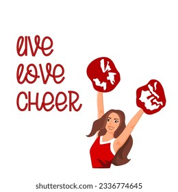 Live love cheer . Cheerleader girl with red pompoms dancing to support football team during competition. Graphic design cheerleading lettering.