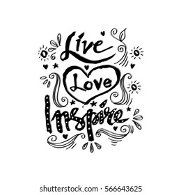 Live, love, inspire card. Hand drawn lettering.