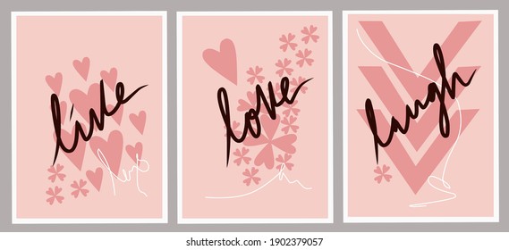 Live, love, laugh wall decor. Set three of Minimalist wall art Scandinavian with heart and floral design. Valentine's day wall decorations concept. Vector Ilustration.