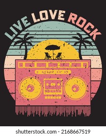 Live love rock palm tree sunset style retro vintage t-shirt design vector