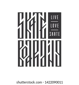 Live, love, skate ethnic stylized typography. Skateboarding authentic slavic vector lettering. Urban street extreme sport poster. Creative retro t shirt print design. Inspiring trendy phrase, quote
