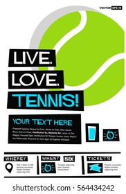 Live. Love. Tennis. (Flat Style Vector Illustration Sports Poster Design) Event Invitation with Venue and Time Details