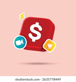 Live money camera, play button and stars. Video streaming, social media engagement, online content creation 3d mesh and gradient vector illustration background