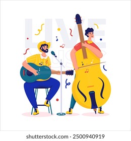 Live music accoustic performance, Country music concert, A man play guitar and double bass, Vector illustration