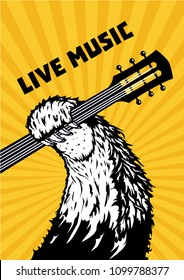 Live music. Animal paw with guitar. Musical poster background for concert. Tattoo style vector illustration.