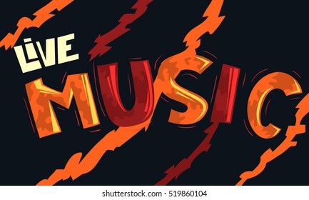 Live Music Artistic Cool Comic Lettering. Cartoon Inscription. Funny Typography. Vector Graphic.