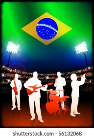 Live Music Band with Brazil Flag on Stadium Background Original Illustration