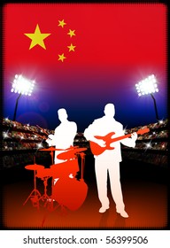 Live Music Band with China Flag on Stadium Background Original Illustration