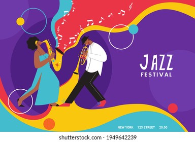 Live music band playing on saxophone, trombone, double bass, piano. People playing on musical instruments. Suitable for acoustic music events and jazz concerts.