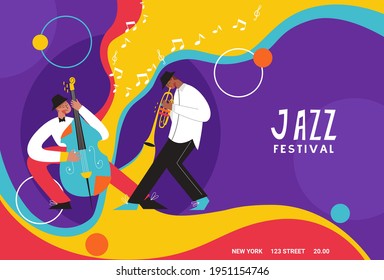 Live music band playing on the saxophone, trombone, double bass, piano. People playing musical instruments. Suitable for aсoustic music events and jazz concerts.