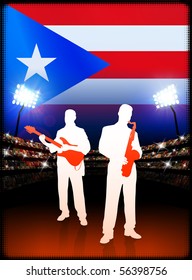 Live Music Band with Puerto Rico Flag on Stadium Background Original Illustration