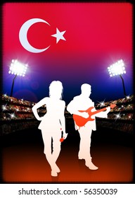 Live Music Band with Turkey Flag on Stadium Background Original Illustration