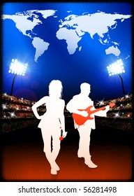 Live Music Band with World Map on Stadium Background Original Illustration