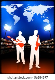 Live Music Band with World Map on Stadium Background Original Illustration