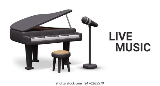 Concepto de música en vivo. Piano negro, taburete, micrófono. Vector en estilo 3D