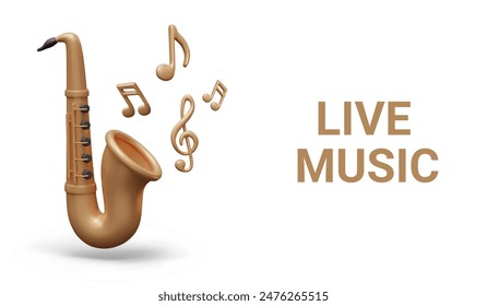 Live music concept in realistic style. Metallic notes emerge from saxophone