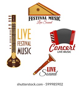 Live music concert or festival vector icons. Set of musical instruments emblems of gusli harp and flute pipe, accordion or bayan harmonic, lute or biwa or koto