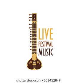 Live music concert or festival vector icon of folk or ethnic string musical instrument. Vector isolated label of oriental japanese or chinese guitar lute or biwa or koto