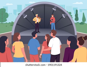 Live music concert flat color vector illustration. Showing your musical skills in park to all people. Creating beautiful melody. Performers 2D cartoon characters with city on background