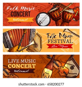 Live music concert or folk festival vector banner set for musical sound fest. Design of banjo guitar and harmonica, drums or percussion and violin or fiddle, flute and clef note