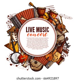 Live Music Concert Poster Of Musical Instruments. Vector Design Of Folk Accordion, Ethnic Jembe Drums, Jazz Saxophone And Fiddle Violin, Banjo Guitar And Balalaika Or Biwa Harp And Music Notes Stave