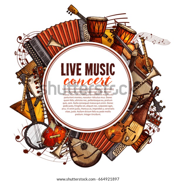 Live music concert poster of musical instruments.\
Vector design of folk accordion, ethnic jembe drums, jazz saxophone\
and fiddle violin, banjo guitar and balalaika or biwa harp and\
music notes stave