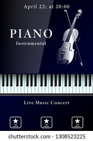 Live Music Concert poster. Realistic piano keyboard and violin with bow. Vector Illustration