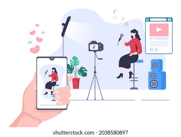 Live Music Content Creator Background Musician is Playing Guitar, Singing Through Camera in Living Room Flat Design Vector Illustration