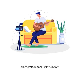 Live music content creator illustration. Musician guitarist character playing guitar online at home. Vector illustration in a flat style