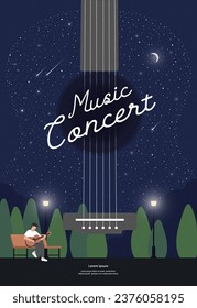 Live music cover poster background design template with a guitar acoustic shapes illustration. Vector banner layout for promo club invitation concert event, festival flyer, jazz blues musician band.