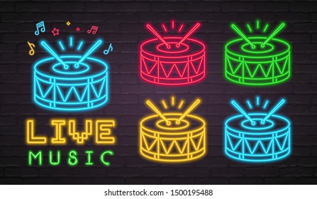 Live Music Drums Icon Set Different Color Version. Neon Light Glowing Vector Illustration