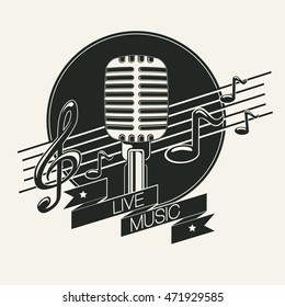 Live music emblem with notes and microphone