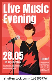 Live music evening brochure template. Rock vocalist. Concert. Flyer, booklet, leaflet concept with flat illustration. Vector page cartoon layout for magazine. Advertising invitation with text space