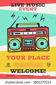 Live Music Event Vector Flyer With Retro Record Player. Musical Poster Background Template. Vector Design Illustration