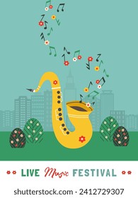 Live Music Fest cute minimal cartoon design. Outdoor Festival vector poster template. Spring summer musical performance background. Saxophone live sound music entertainment in city garden illustration