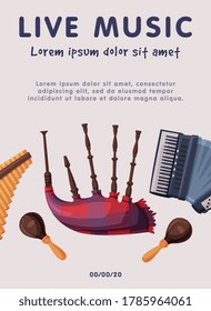 Live Music Festival Banner with Folk Musical Instruments, Advertisement Poster, Brochure, Flyer, Invitation Card Vector Illustration