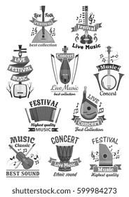 Live music festival or concert icons. Vector musical instruments fiddle violin and balalaika, flute and accordion or harmonic. Set of lute or biwa and banjo guitar with drums and bandura or mandolin