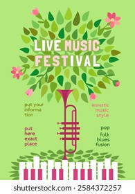 Live Music Festival design vector poster template. Piano keyboard, trumpet, blooming tree hand-drawn cartoon illustration. Spring Vibes Musical Fest performance, outdoor event celebration background