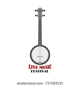 Live music festival emblem. String instrument of american folk music, banjo isolated icon for ethnic musical instrument symbol, country fest event and music entertainment design.