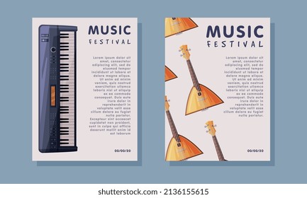 Live Music Festival Flyer or Banner with Keyboard and Balalaika Vector Set