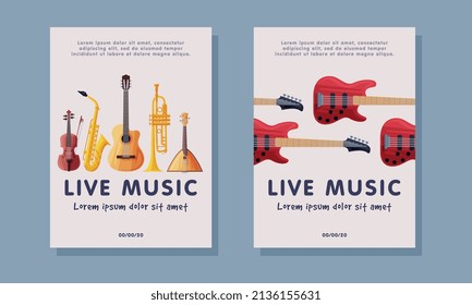 Live Music Festival Flyer or Banner with Electric Guitar and Saxophone Vector Set