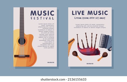 Live Music Festival Flyer or Banner with Guitar and Bagpipe Vector Set