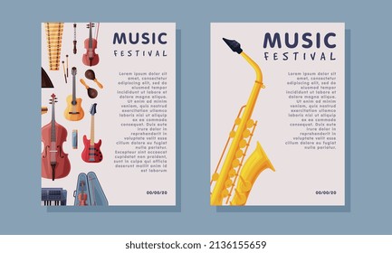 Live Music Festival Flyer or Banner with Guitar and Saxophone Vector Set