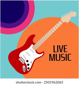 Live music festival lettering poster with electric guitar flat vector illustration design.