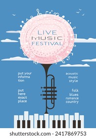 Live Music Festival minimal design vector poster. Piano, trumpet silhouette, blooming tree cartoon illustration. Musical show advertisement template. Spring live sound concert flyer, banner background