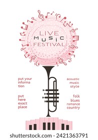 Live Music Festival minimal design vector poster template. Piano, trumpet silhouette, blooming tree cartoon illustration. Musical show advertisement, season live sound concert flyer, banner background