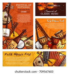 Live music festival or national and ethnic folk musical instruments posters and banners templates. Vector set of jazz saxophone, accordion or jembe drums and fiddle violin, banjo guitar or balalaika