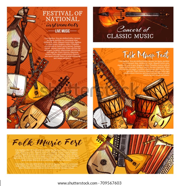 Live music festival or national and ethnic folk\
musical instruments posters and banners templates. Vector set of\
jazz saxophone, accordion or jembe drums and fiddle violin, banjo\
guitar or balalaika