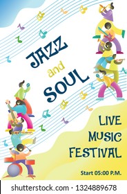 Live music festival start announcement vector poster design template. Jazz music players with musical instruments and microphones. Jazz and soul concept for flyer brochure etc.
